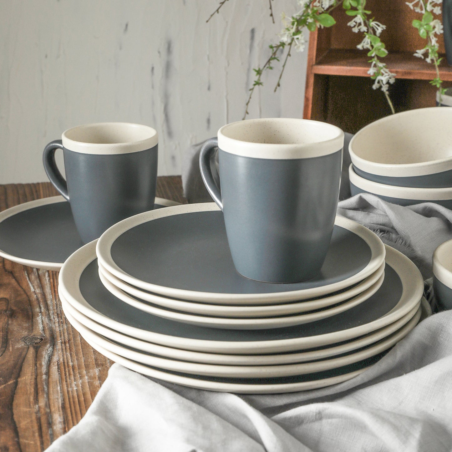 Serenity Stoneware Dinnerware Set - Dark Gray And Cream