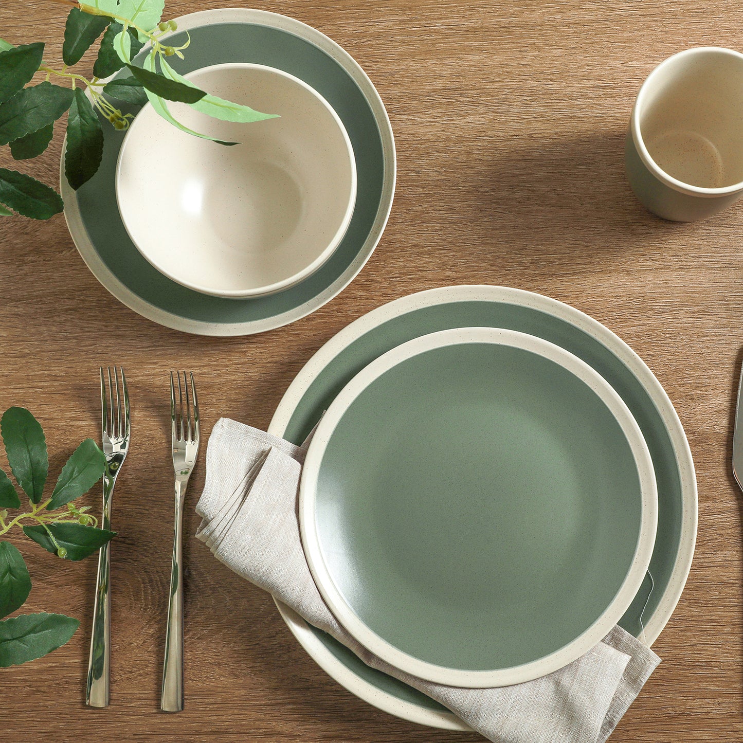 Serenity Stoneware Dinnerware Set - Green And Cream