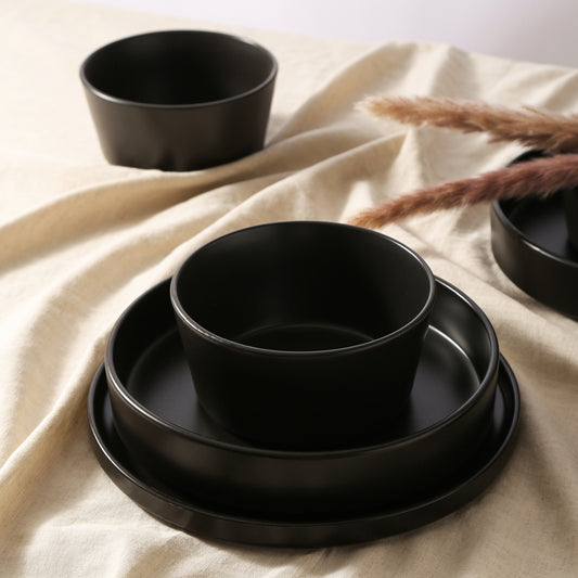 Celina Stoneware Dinnerware Set, Cereal and Dinner Bowls - Black