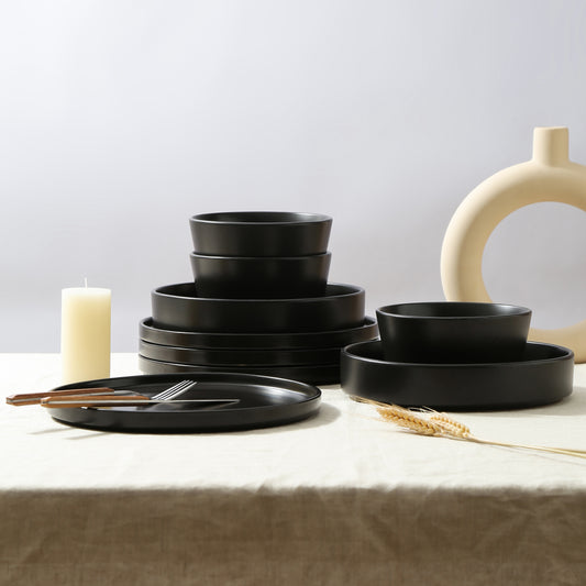 Celina Stoneware Dinnerware Set, Cereal and Dinner Bowls - Black