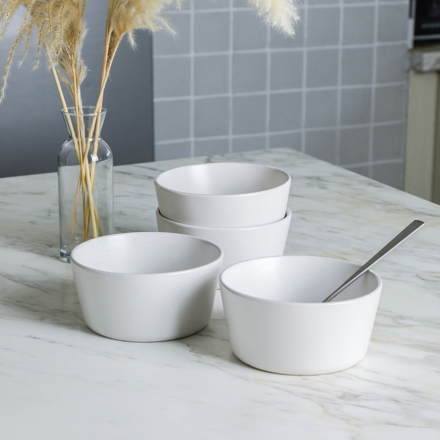 Albie Stoneware Dinnerware Set with Pasta Bowls - White Speckled