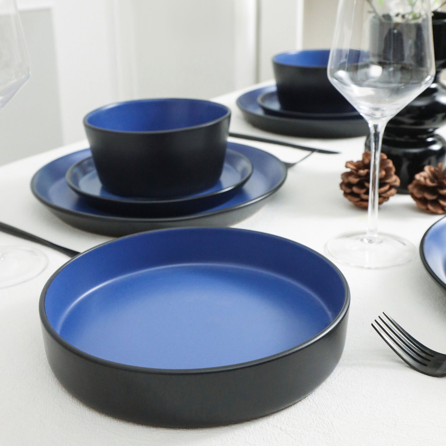 Albie Stoneware  Pasta Bowl - Blue And Black
